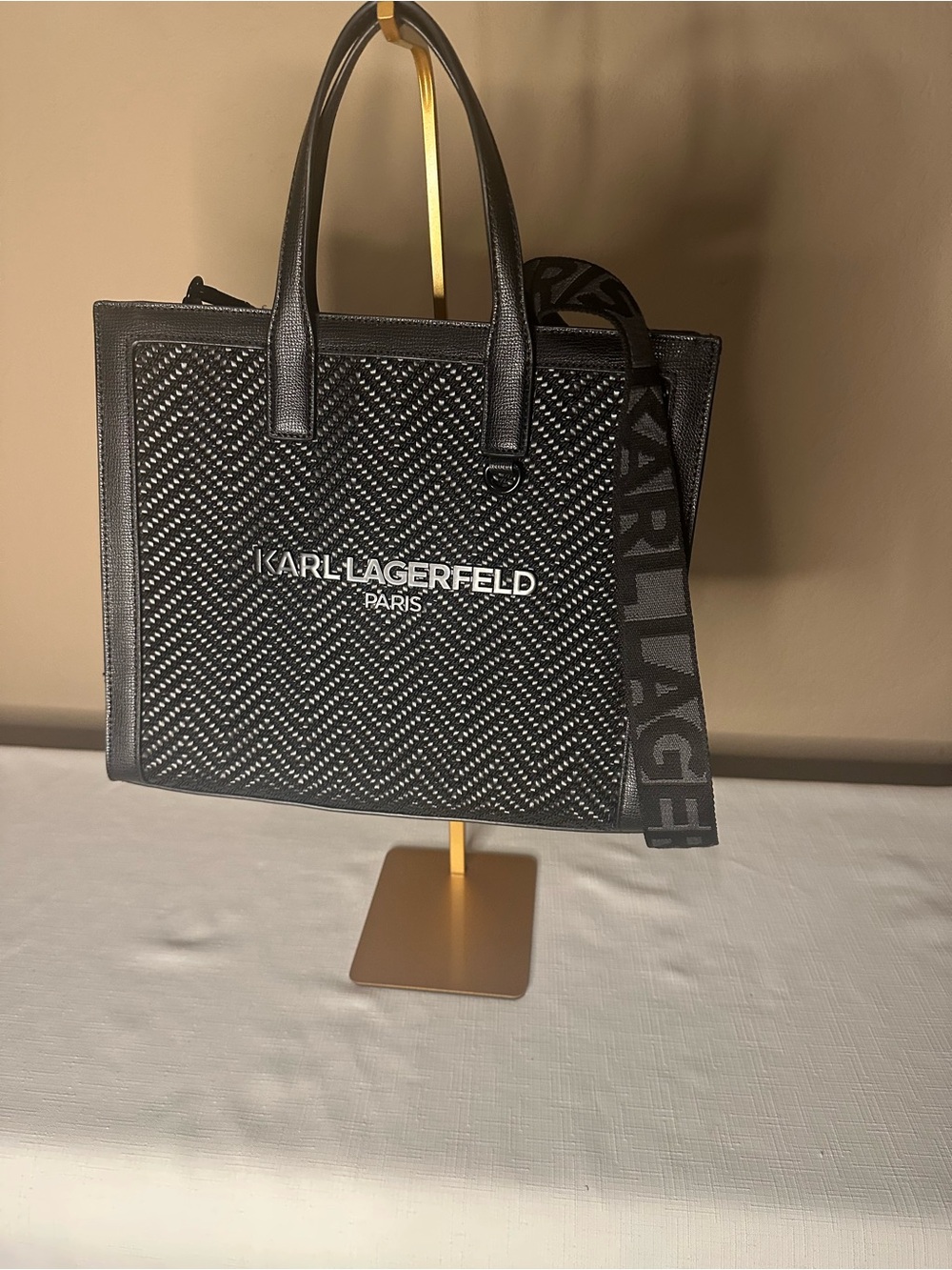 Karl Lagerfeld Black Woven Logo Tote with Signature Strap